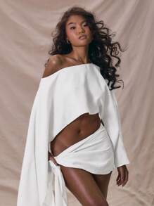 MUSERA Slash Neck Extreme Flare Sleeve Oversized Cropped Top  Holiday Beach Cover Up For Vacation Soft Serve Asymmetrical Neck Top Going Out Tops Club Fall Winter  Elegant Spring Summer - Beige - View 1