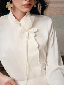 Anewsta Women's Champagne White Embroidered Button-Front Shirt, Long Sleeve, Spring/Autumn/Summer - Champagne - View 3