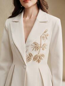Anewsta Bộ vest 2 món thanh lịch, trang trọng, thêu hạt cườm, thắt eo, tay dài, quần ống loe, thời trang khi đi làm - Màu be - Xem 5