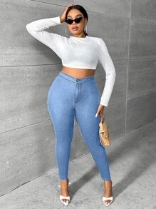 SHEIN SXY Plus High Waist Skinny Jeans - Light Wash - View 4