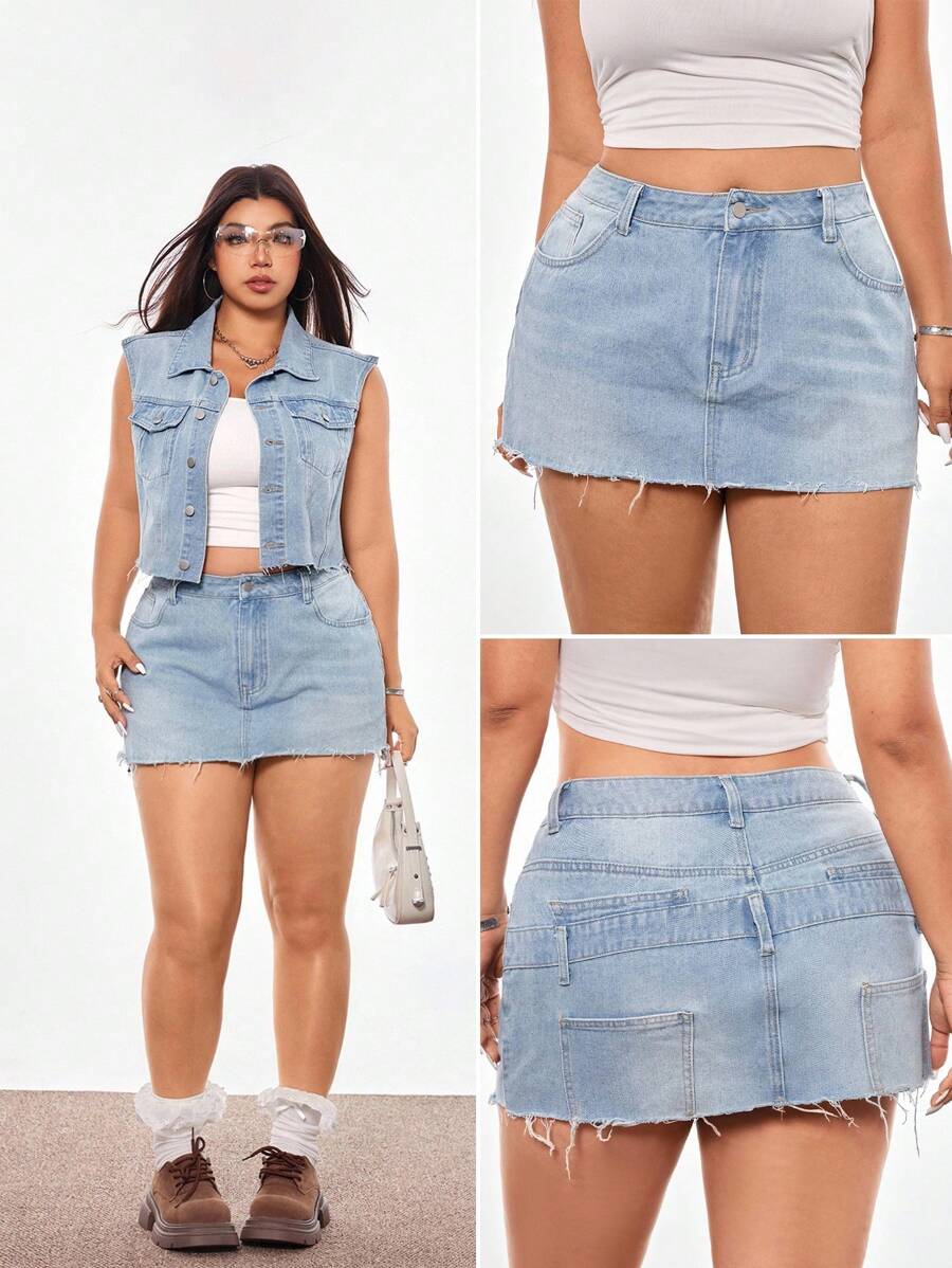 SHEIN EZwear 大码女式牛仔迷你裙，春夏 - 藍色 - 查看 1