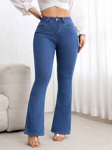 Flexra Plus Size Dark Blue Washed High Waist Slim Fit Flare Jeans