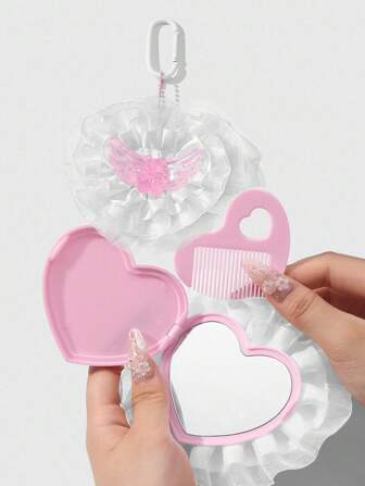 Kawaii 1 Pezzo Set da regalo per donna composto da specchio compatto acrilico a doppia faccia e pettine, con delicato nastro in rete bianca, decorazione in resina rosa glitterata a forma di orso alato, specchio in vetro a forma di cuore versatile, portachiavi e ciondolo per borsa