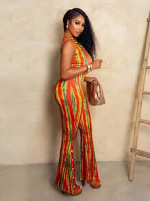 BamGleam Women Casual Color Block Front Button Sleeveless Jumpsuit, Summer Striped Design Streetwear SummerHoliday - Multicolor - View 3