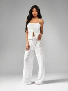 MISSGUIDED 优雅蕾丝阔腿阔腿裤度假装海滩婚礼新娘送礼会特殊场合高腰波西米亚风夏季长裤 - 白色 - 查看 5