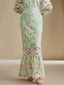 Anewsta 女士优雅花卉蕾丝镂空褶皱鱼尾下摆修身半身裙，夏季穿搭 - 綠色 - 查看 6