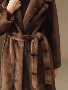 Anewsta 女士优雅翻领双色仿皮草束腰长款冬季外套 - 棕色 - 查看 2