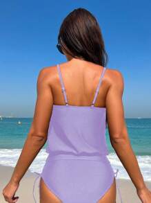 Swim Lushoire Solid Color Spaghetti Strap Tankini Swimsuit Set For Vacation And Beach For Summer - Purple - View 2
