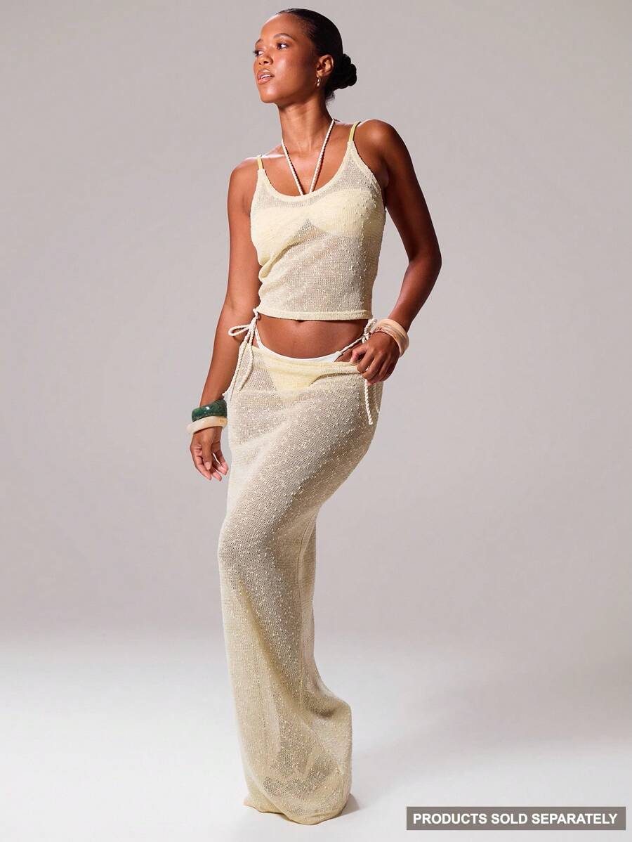 Musera Resort Low Rise Sequin Knit Maxi Skirt Only Boho Ibiza Cute Sexy Vacation Summer Beach Swimwear Cover Up Girly Pastel Spring Elegant Bridal Hen Do Bachelorette Wedding - Yellow - View 1