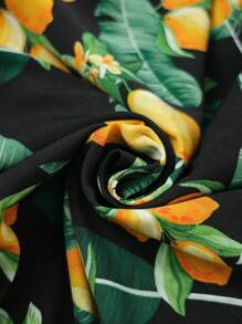 SHEIN LUNE 加大码女式水果柠檬印花简约日常长袖衬衫，夏季度假海滩节系带前开襟衬衫