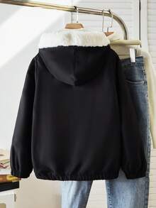 女童毛领连帽印花棉服冬季夹克 - 黑色 - 查看 2