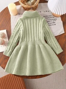 Young Girls Sweater Dress With A-Line Silhouette And High Round Neckline Fall Winter - Mint Green - View 2