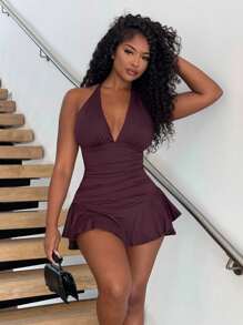Alexandranx Xù Xù Hoa Sen Không lưng Halter Neck Romper - màu nâu - Xem 1