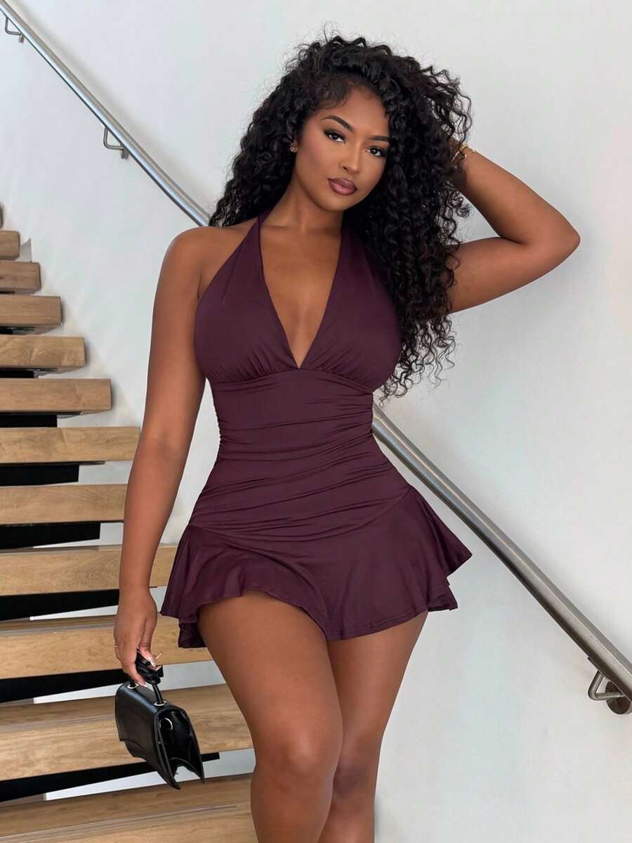 Alexandranx Xù Xù Hoa Sen Không lưng Halter Neck Romper - màu nâu - Xem 1