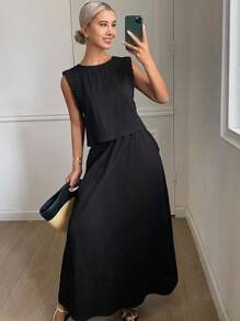 DAZY Bộ đồ gồm áo croptop không tay xếp ly ôm sát người màu trơn và chân váy cạp chun, kiểu dáng thường ngày cho kỳ nghỉ hè của nữ. - màu đen - Xem 3