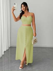 SHEIN Unity Damen Große Größen Sommerurlaub 2 Stücke Set: Elegantes Fake-Leinen Trägertop & Rock mit hohem Schlitz - Grün - Übersicht 1