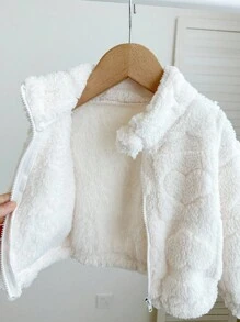 SHEIN LMoss Kids Áo khoác cổ đứng lông thú dễ thương và giản dị cho bé gái LMoss có họa tiết trái tim, hoàn hảo cho mùa thu và mùa đông - trắng - Xem 6