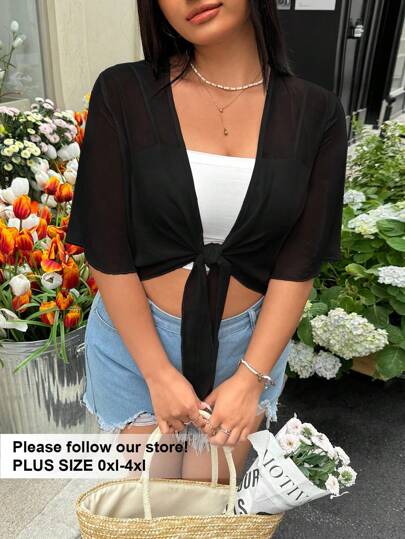 GalTyme Plus Size Black Sheer Lightweight Jacket, Minimalist Style Suitable For Summer