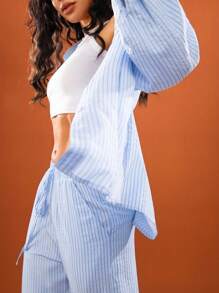 Hanevo 女士两件套休闲套装：条纹落肩长袖衬衫和裤子 - 彩色 - 查看 5
