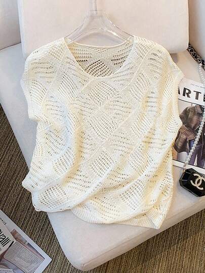 Franclia 女士休闲百搭纯色镂空针织毛衣针织套头衫秋冬