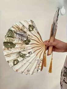 精美复古水墨画折扇，流苏装饰，手工中国风工艺扇，便携设计，男女通用，适合日常使用，母亲节礼物，春夏派对最佳选择，图案位置随意，夏季清凉，海滩旅行 - 彩色 - 查看 2