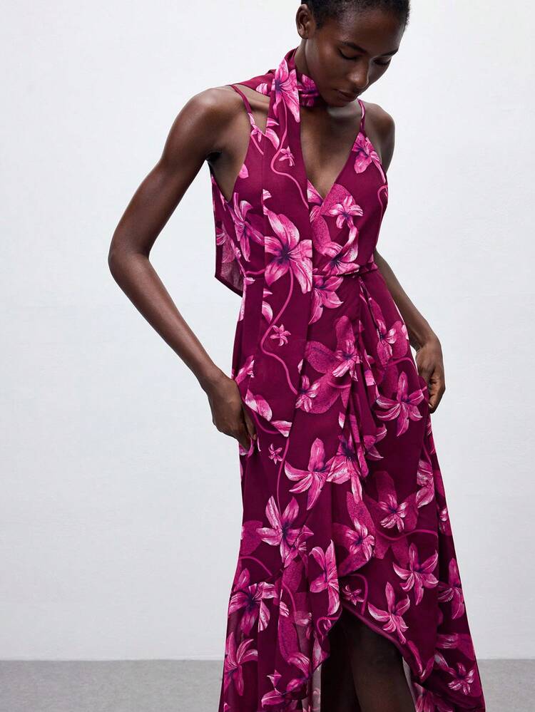 SHEIN Maija 2025 Summer New Arrival Floral Print Adjustable Spaghetti Strap Detachable Ruffle Hem Asymmetric Dress, Fashion Casual Modern Urban Elegant Romantic Business Casual Daily Office Party Beach Resort Music Festival Wedding Guest Brunch Street Style Airport Back To School Y2K Women