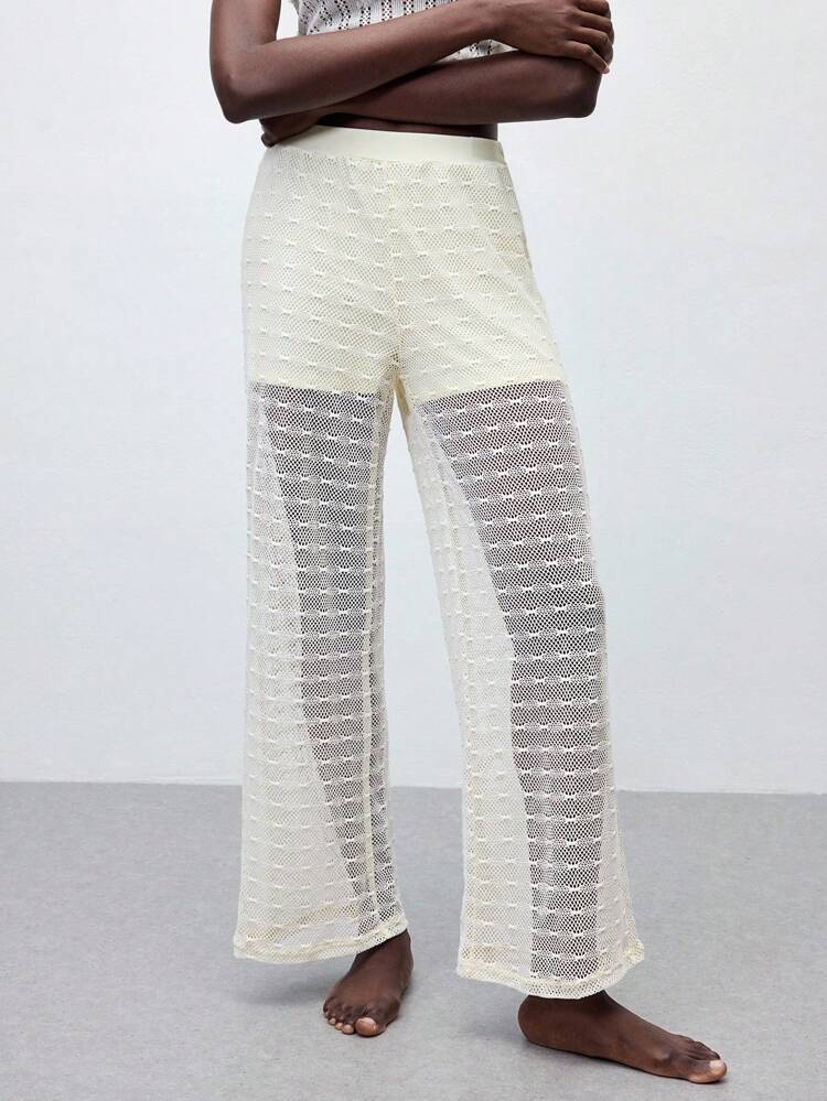 SHEIN Maija Calça de Perna Reta de Cintura Elástica com Bolso Lateral Transparente de Renda, Estilo Boêmio Primavera/Verão 2025, Adequada para Convidado de Casamento, Brunch, Aeroporto, Festa Diária, Festival de Música