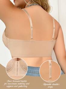 SHEIN Sujetador sin aros sin forro, de talla grande, romántico y sexy, con encaje y parches, con abertura frontal, que brinda soporte y elevación, ajustable para uso diario - Albaricoque - Ver 2