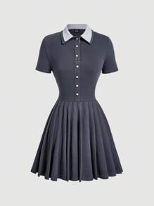 SHEIN MOD 女式撞色条纹 Polo 领短袖纽扣式迷你褶边休闲连衣裙 - 黑色 - 查看 2