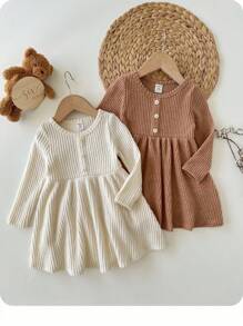 SHEIN 2 件 Babygirl 可爱休闲纯色针织长袖连衣裙，秋冬