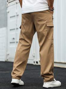 Manfinity Homme Quần Cargo cạp chun màu trơn đơn giản có túi nắp cho nam - Màu Khaki - Xem 2