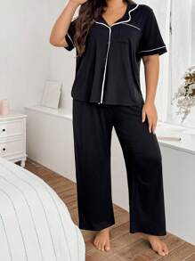 SHEIN Plus Size Front Button Contrast Trim Casual Top & Pants Loungewear Pajama Set, Outfits