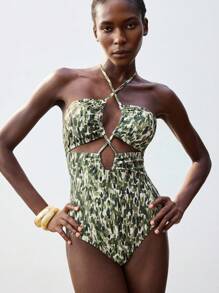 Maija 1 件女式度假全身印花镂空吊带连体泳衣，波西米亚风收腹泳衣，7 月 4 日泳衣 - 綠色 - 查看 2