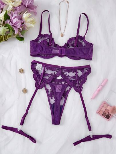 Verleidelijke Kanten Geborduurde Doorschijnende Lingerie Set, Paars Set BH Butterfly view 2