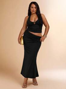 SHEIN BAE Conjunto de 2 piezas de talla grande para mujer, compuesto por top corto de malla tejida con textura 3D con flores y falda lápiz transparente con cintura anudada, ideal para vacaciones, Día de San Valentín, dama de honor, vestido mini blanco, graduación y regreso a la escuela