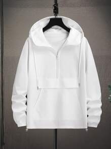Manfinity Homme Men's Plain Color Drawstring Hooded Jacket,White Zip Up Hoodie,Casual Blank Hoodie,Fashionable Autumn Hiking Outerwear For Men - White - View 1