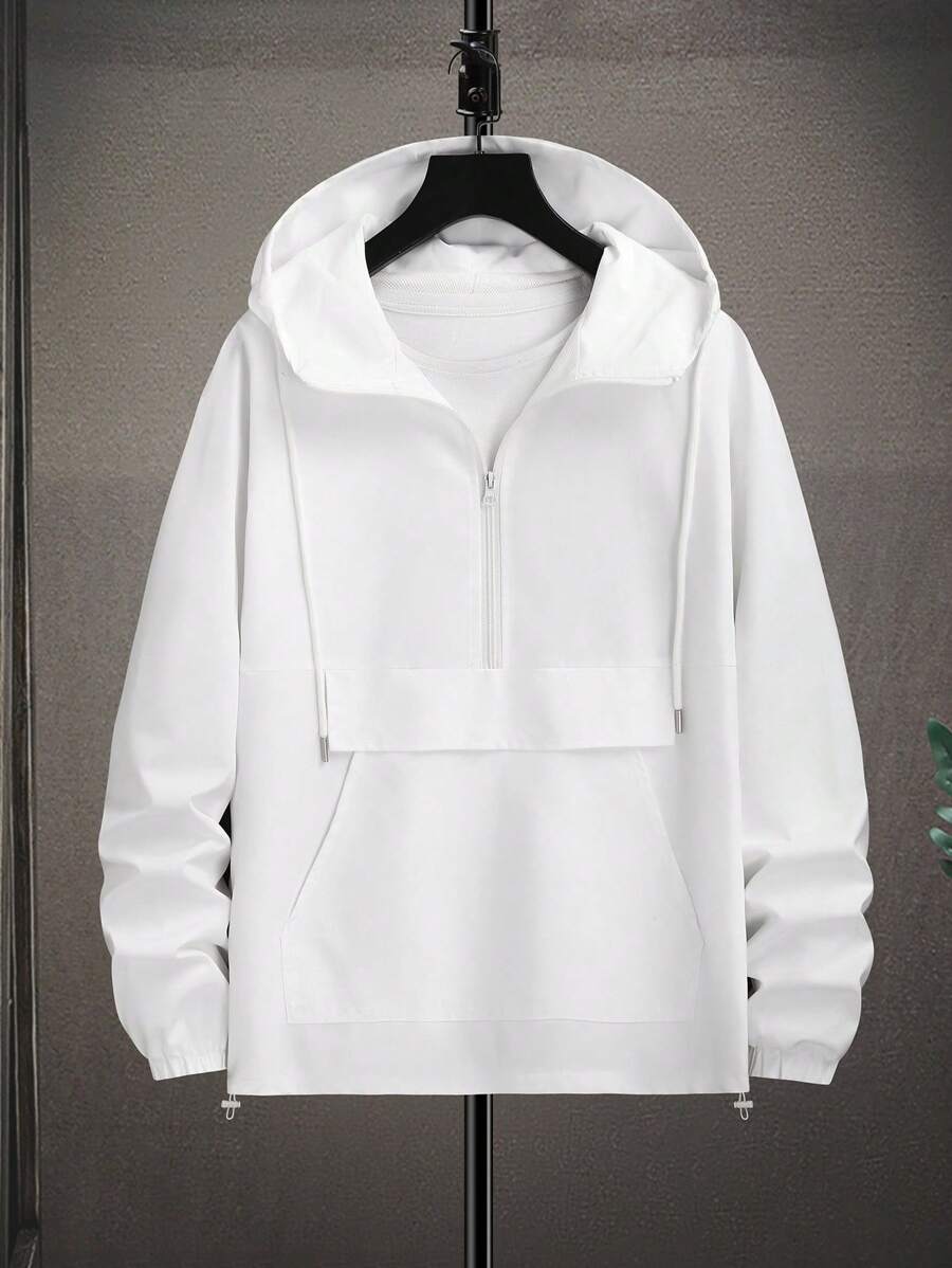 Manfinity Homme Men's Plain Color Drawstring Hooded Jacket,White Zip Up Hoodie,Casual Blank Hoodie,Fashionable Autumn Hiking Outerwear For Men - White - View 1
