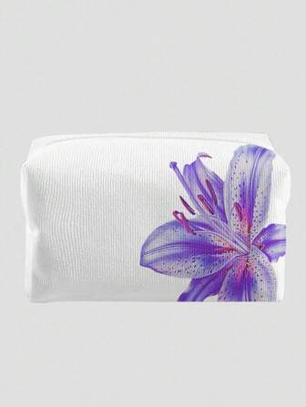 Fairycore Borsa da trucco di velluto ottagonale con motivo fiore di giglio viola su sfondo bianco