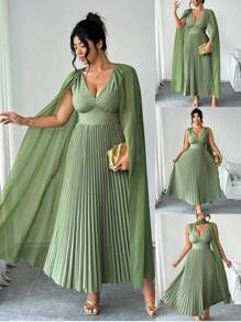 Elenzga 加大码 V 领雪纺拼接蝙蝠袖仿腰褶皱 A 字下摆褶皱休闲优雅连衣裙，适合外出、度假和聚会