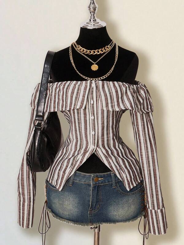 SHEIN ICON Women's Striped Off-Shoulder Sexy Bardot Blouse Long Sleeve Shirt