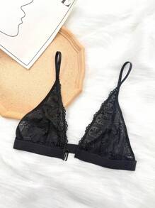 Lace Triangle Bralette With Front Close - Black - View 6