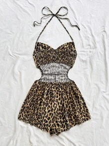 Soleia 女士度假经典豹纹露背系带圆领镂空腰部宽松下摆连体裤，适合派对、下午茶、城市街头度假 - 彩色 - 查看 2