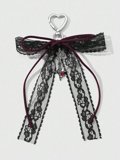 Kawaii 1 pieza Accesorio vintage estilo Y2K estética oscura gótica, moño de terciopelo burdeos con encaje, estrella de cristal, cruz y mariposa, llavero DIY, adecuado para mujeres, accesorio diario, regalo festivo, Halloween