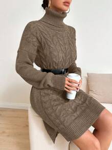 EURMUSE Cotton Mid-Length Women Knit Top With Complex Floral Knitting, Foldover Neckline, Belted Waist And Asymmetrical Hem,Jumper,Cream Jumper,Jumpers,Black Jumper,Women's Jumper,White Jumper,Women's Jumper,Women's Jumpers,Winter Clothes - Mocha Brown - View 3