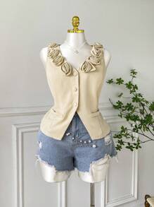 SHEIN EZwear 女式纯色休闲修身开襟花卉图案加大码西装外套 - 白色 - 查看 3