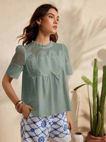 Uhlyne 女士纯棉短袖蕾丝拼接衬衫，宽松休闲度假衬衫，夏季新品，秋季百搭，简约风格，适合工作、教师、返校季等场合，中性色，商务休闲，复古富贵风。 - 綠色 - 查看 9