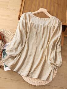 Linhara Plus Size Casual Solid Color Long Sleeve Shirt, Suitable For Summer - Apricot - View 2