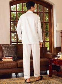 SHEIN Men Contrast Piping Lapel Collar Top & Pants PJ Set, White Pajama Set, Fall Clothes - White - View 2