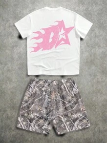 Manfinity ZONE917 Men's Streetwear Pink Camouflage Graphic Print Hooded T-Shirt Set - Multicolor - View 8