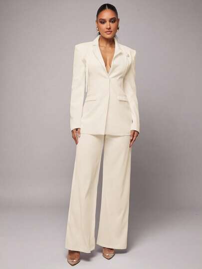 Silquee 女士优雅通勤系列女士秋季服装纯色黑色西装合身设计高级西装外套+简约宽裤套装，感恩节，圣诞节，除夕夜服装，女士西装女士裤装西装外套套装女士象牙色裤装白色裤装女士西装